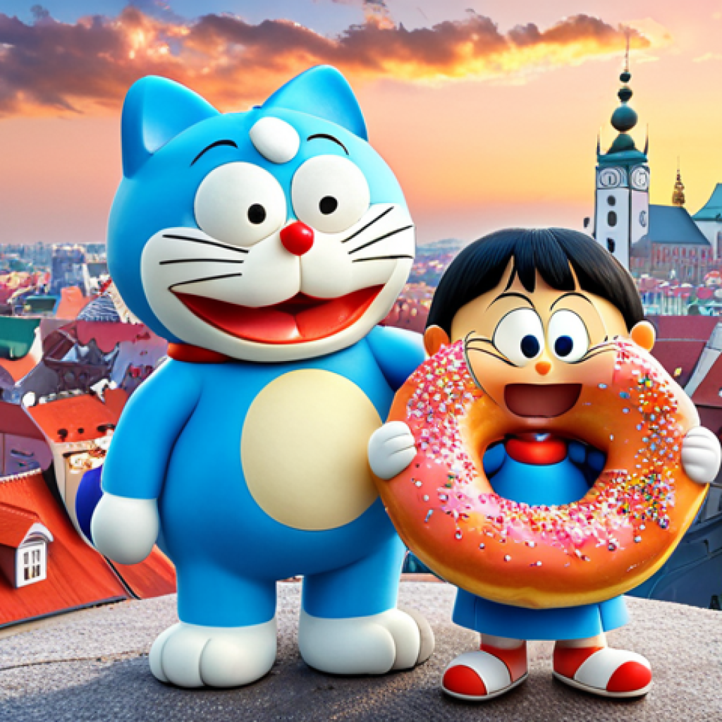 **Nobita and Doraemon sharing a DOUGHNUT (pączek) against the backdrop of a whimsical Polish cityscape, symbolizing friendship and universal humor.**