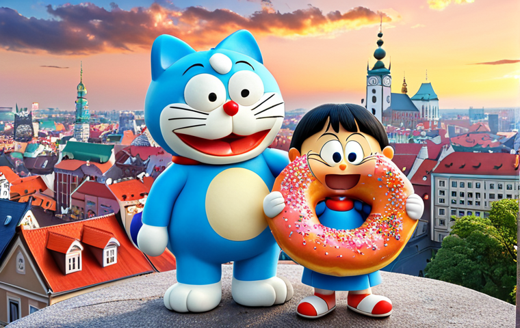 **Nobita and Doraemon sharing a DOUGHNUT (pączek) against the backdrop of a whimsical Polish cityscape, symbolizing friendship and universal humor.**
